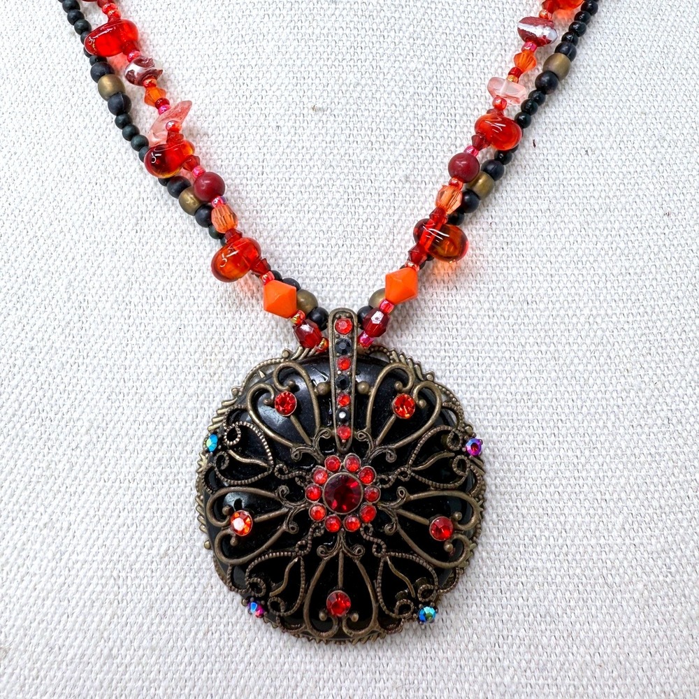 Statement Necklace Red Rhinestone Beaded Bohemian Pendant Brass Tone Filigree